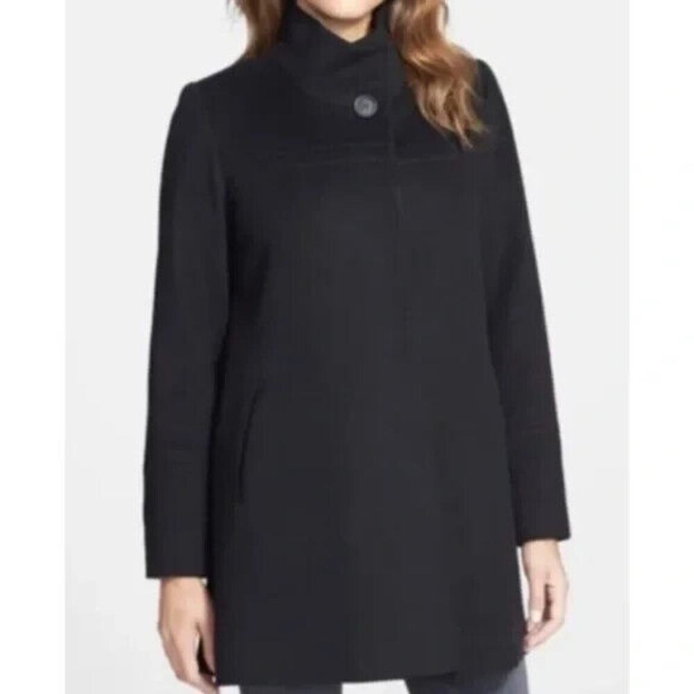FLEURETTE LORO PIANNA Wool Stand Collar Car Pea Coat Jacket Black Pocket…